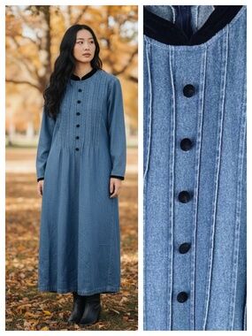 Vtg Sunbelt Maxi Dress Sz Small Denim Jean Prairie Modest Blue Velvet Trim